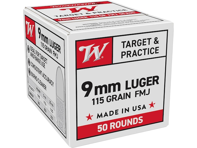 Winchester Target & Practice 9mm Luger Ammo 115 Grain Full Metal Jacket - Image 1