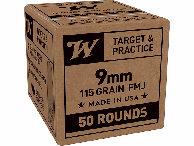 Winchester Brown Box Target & Practice 9mm Luger Ammo 115 Grain Full Metal Jacket Flat Nose (1000 rounds) - Image 1