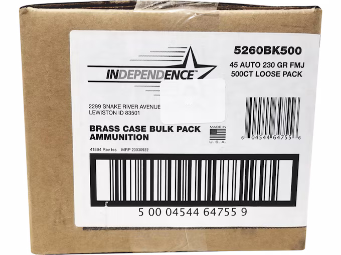 Independence 45 ACP Ammo 230 Grain Full Metal Jacket Box of 500 (Bulk) (500 rounds) - Image 1