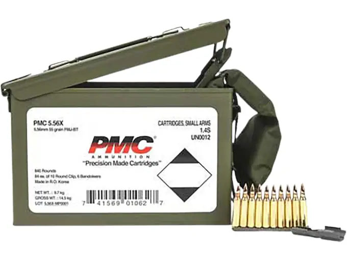 PMC 223 Remington Ammo 55 Grain Full Metal Jacket Ammo Can of 840 (84 10-Round Clips in Bandoleers) (840) - Image 1
