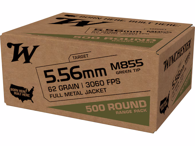 Winchester M855 SS109 5.56x45mm NATO Ammo 62 Grain Penetrator Full Metal Jacket Range Pack Bulk (500 rounds) - Image 1