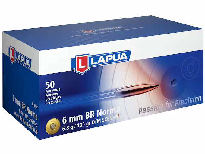 Lapua 6mm Norma BR (Bench Rest) Ammo 105 Grain Lapua Scenar-L Jacketed Hollow Point Box of 50 - Image 1