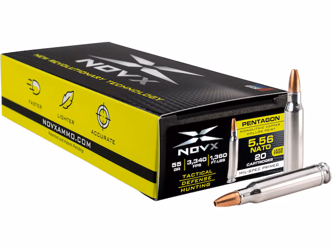 NovX Pentagon 5.56x45mm NATO Ammo 55 Grain Solid Hollow Point Lead Free (200 rounds) - Image 1