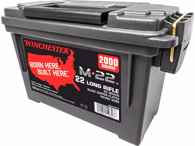 Winchester M-22 22LR Ammo 40 Grain Plated Round Nose Ammo Can of 2000 - Image 1