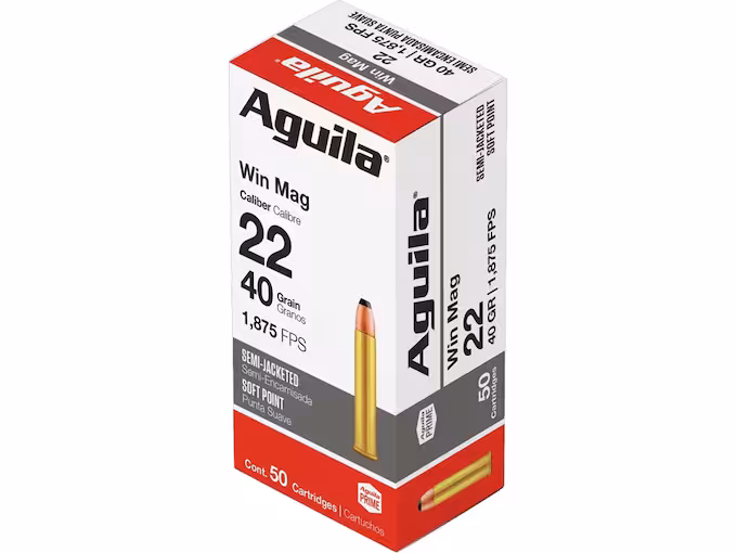 Aguila 22 Winchester Magnum Rimfire (WMR) Ammo 40 Grain Jacketed Soft Point (1000 rounds) - Image 1