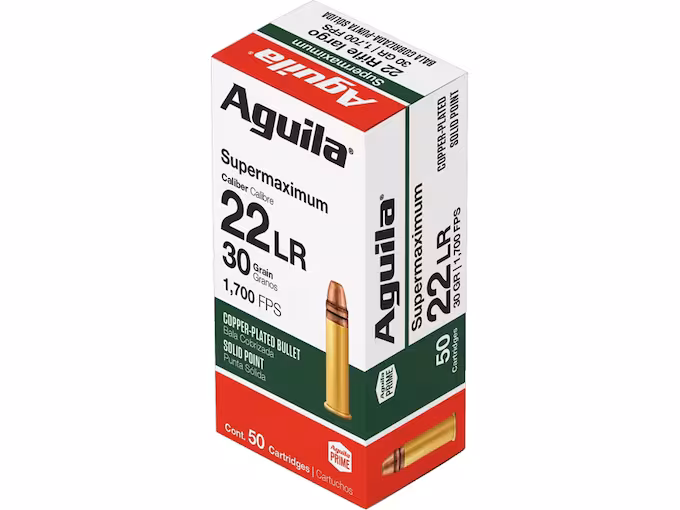 Aguila Supermaximum 22LR Ammo 30 Grain Plated Round Nose (1000 rounds) - Image 1