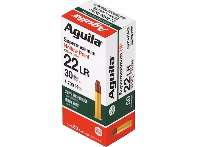 Aguila Supermaximum 22LR Ammo 30 Grain Plated Hollow Point (1000 rounds) - Image 1