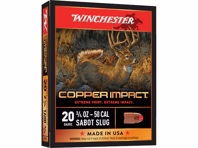 Winchester Copper Impact 20 Gauge Polymer Tip Sabot Slug 2-3/4" 3/4oz (100 rounds) - Image 1
